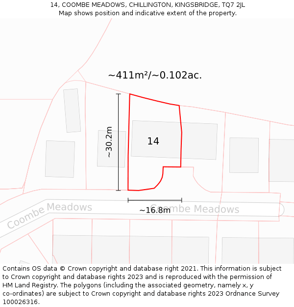 14, COOMBE MEADOWS, CHILLINGTON, KINGSBRIDGE, TQ7 2JL: Plot and title map