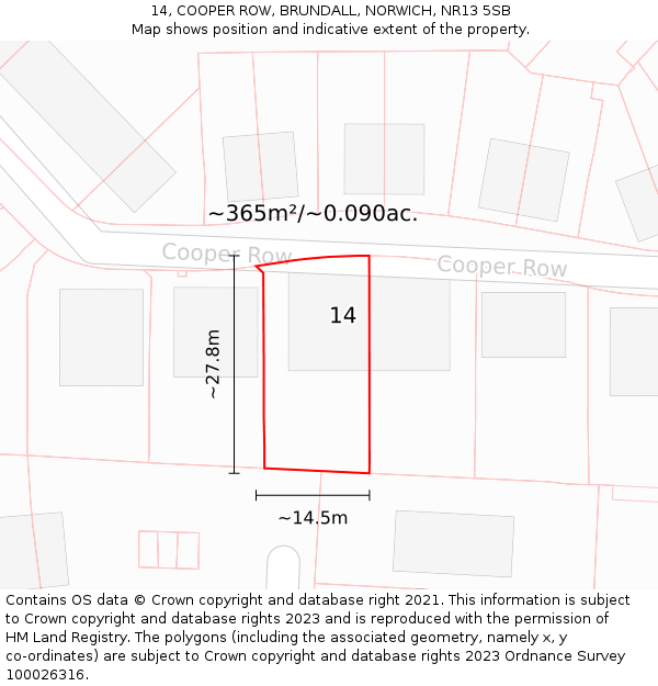 14, COOPER ROW, BRUNDALL, NORWICH, NR13 5SB: Plot and title map