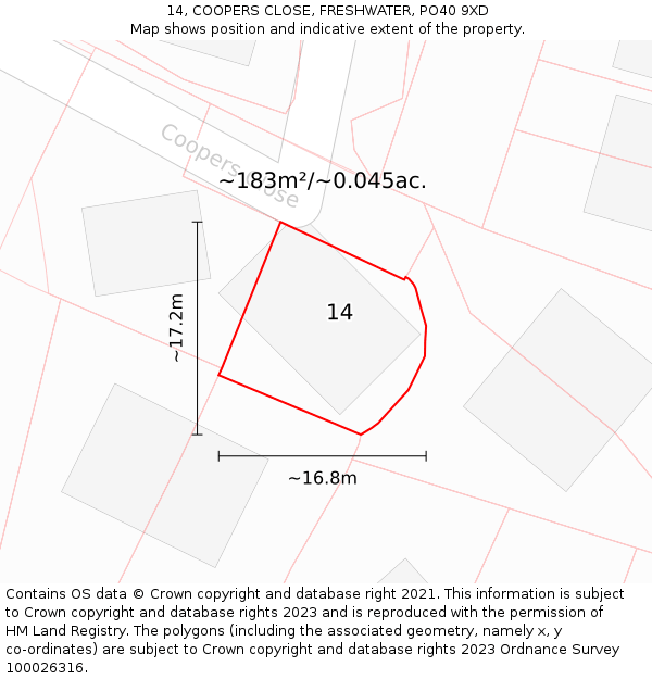 14, COOPERS CLOSE, FRESHWATER, PO40 9XD: Plot and title map