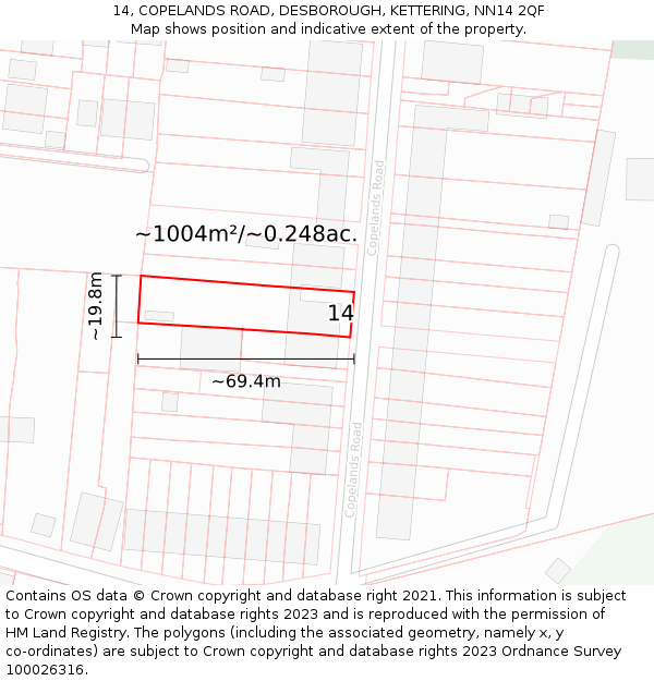 14, COPELANDS ROAD, DESBOROUGH, KETTERING, NN14 2QF: Plot and title map