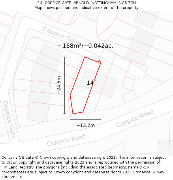 14, COPPICE GATE, ARNOLD, NOTTINGHAM, NG5 7GH: Plot and title map