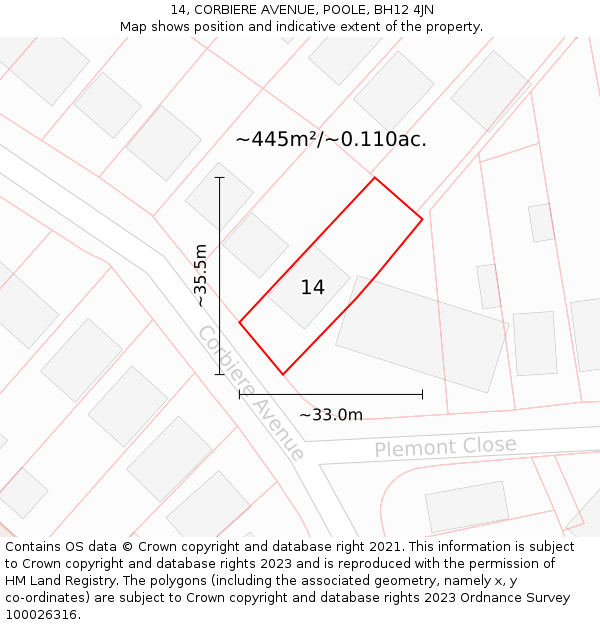 14, CORBIERE AVENUE, POOLE, BH12 4JN: Plot and title map