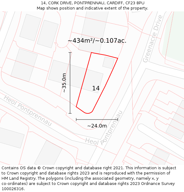 14, CORK DRIVE, PONTPRENNAU, CARDIFF, CF23 8PU: Plot and title map