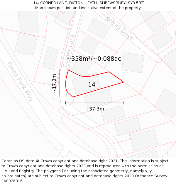 14, CORNER LANE, BICTON HEATH, SHREWSBURY, SY3 5BZ: Plot and title map