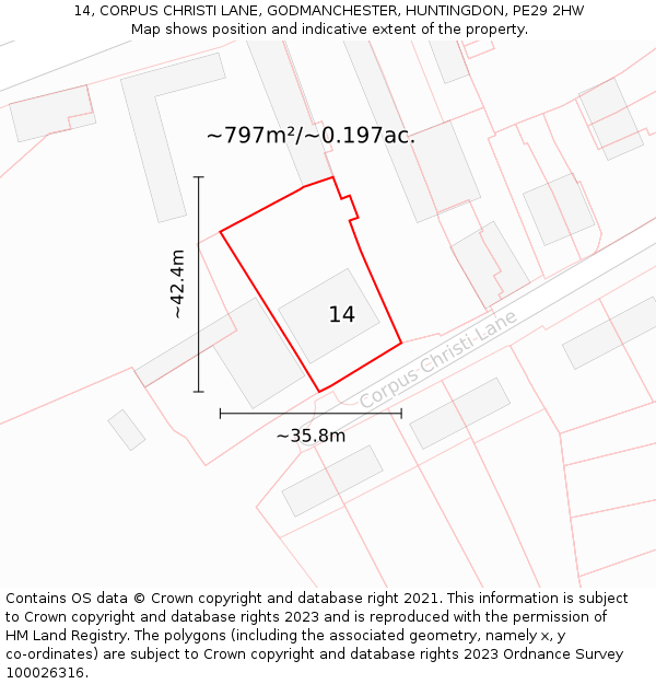 14, CORPUS CHRISTI LANE, GODMANCHESTER, HUNTINGDON, PE29 2HW: Plot and title map