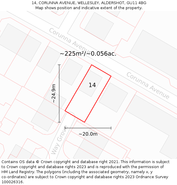 14, CORUNNA AVENUE, WELLESLEY, ALDERSHOT, GU11 4BG: Plot and title map