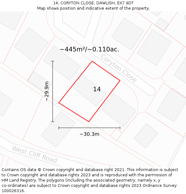 14, CORYTON CLOSE, DAWLISH, EX7 9DT: Plot and title map