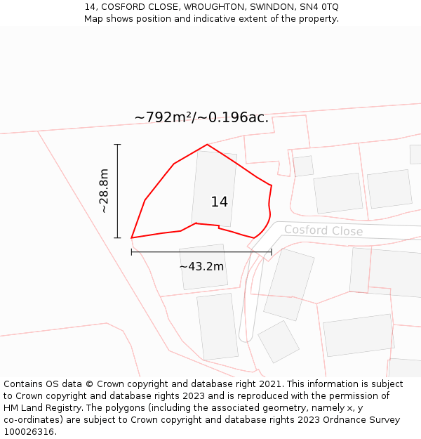 14, COSFORD CLOSE, WROUGHTON, SWINDON, SN4 0TQ: Plot and title map