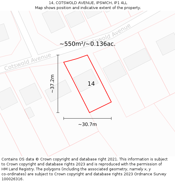 14, COTSWOLD AVENUE, IPSWICH, IP1 4LL: Plot and title map