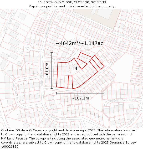 14, COTSWOLD CLOSE, GLOSSOP, SK13 6NB: Plot and title map