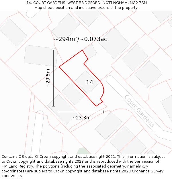 14, COURT GARDENS, WEST BRIDGFORD, NOTTINGHAM, NG2 7SN: Plot and title map