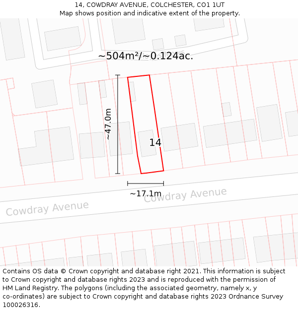 14, COWDRAY AVENUE, COLCHESTER, CO1 1UT: Plot and title map