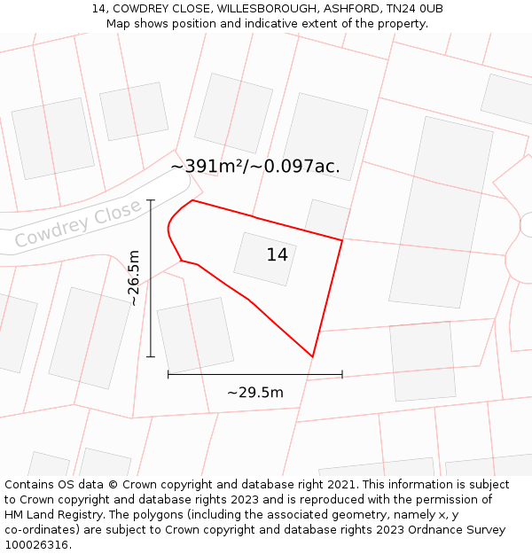 14, COWDREY CLOSE, WILLESBOROUGH, ASHFORD, TN24 0UB: Plot and title map