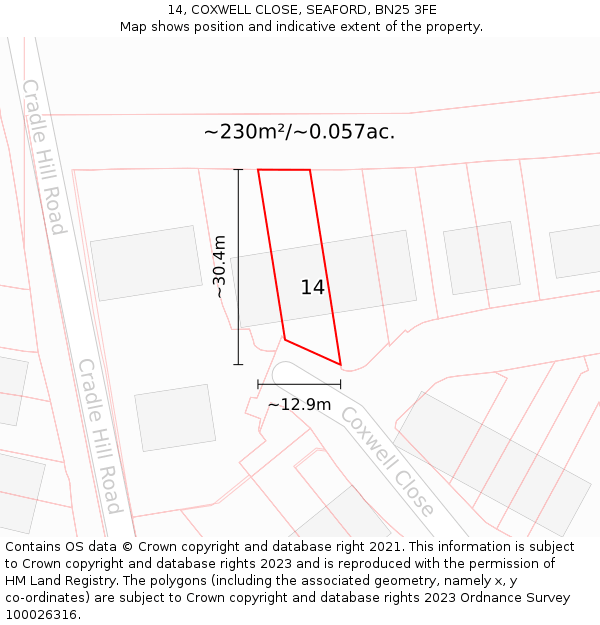 14, COXWELL CLOSE, SEAFORD, BN25 3FE: Plot and title map