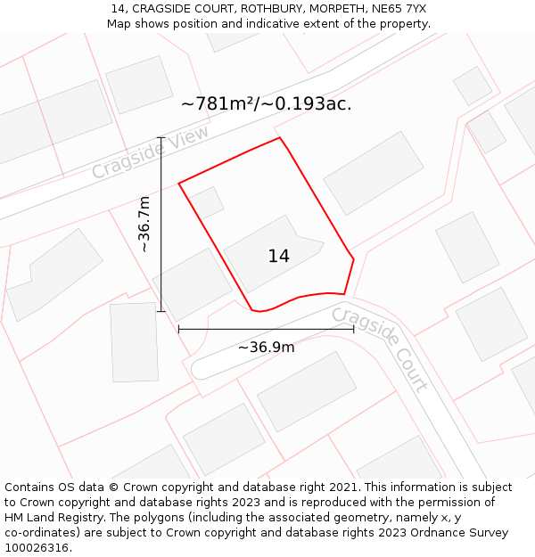 14, CRAGSIDE COURT, ROTHBURY, MORPETH, NE65 7YX: Plot and title map