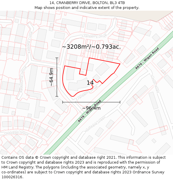 14, CRANBERRY DRIVE, BOLTON, BL3 4TB: Plot and title map