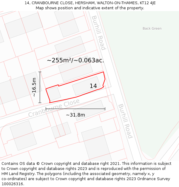 14, CRANBOURNE CLOSE, HERSHAM, WALTON-ON-THAMES, KT12 4JE: Plot and title map