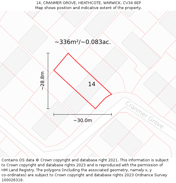 14, CRANMER GROVE, HEATHCOTE, WARWICK, CV34 6EP: Plot and title map
