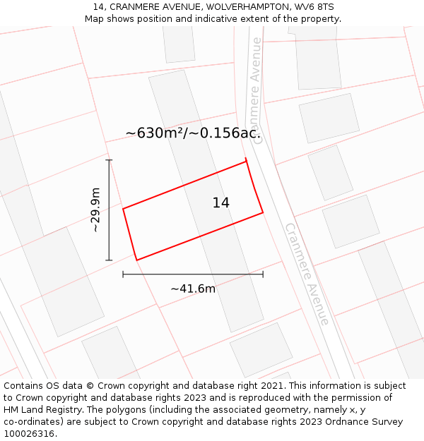 14, CRANMERE AVENUE, WOLVERHAMPTON, WV6 8TS: Plot and title map