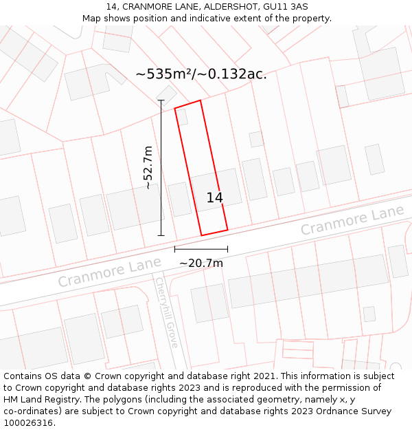 14, CRANMORE LANE, ALDERSHOT, GU11 3AS: Plot and title map