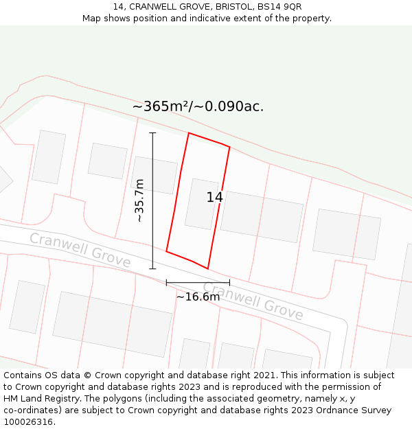 14, CRANWELL GROVE, BRISTOL, BS14 9QR: Plot and title map