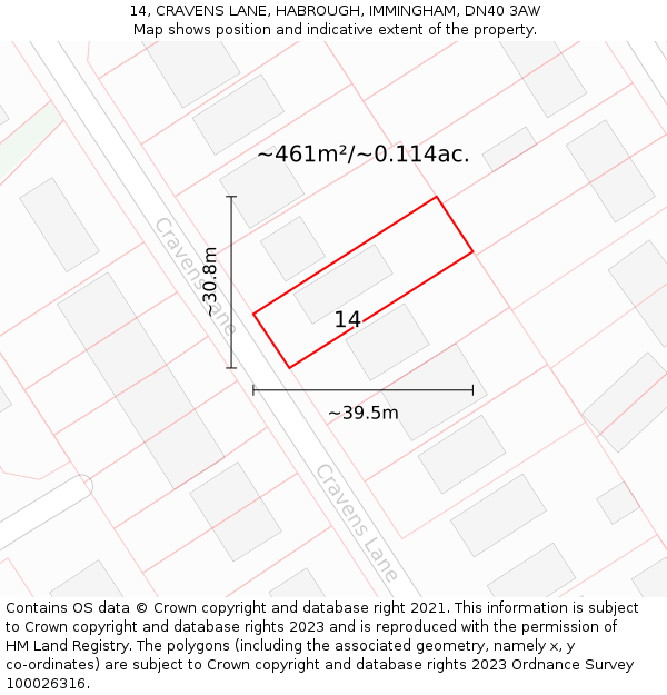 14, CRAVENS LANE, HABROUGH, IMMINGHAM, DN40 3AW: Plot and title map