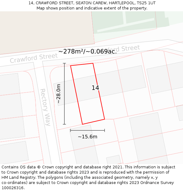 14, CRAWFORD STREET, SEATON CAREW, HARTLEPOOL, TS25 1UT: Plot and title map