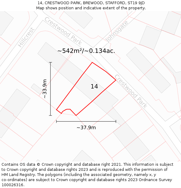 14, CRESTWOOD PARK, BREWOOD, STAFFORD, ST19 9JD: Plot and title map