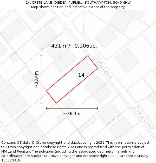 14, CRETE LANE, DIBDEN PURLIEU, SOUTHAMPTON, SO45 4HW: Plot and title map