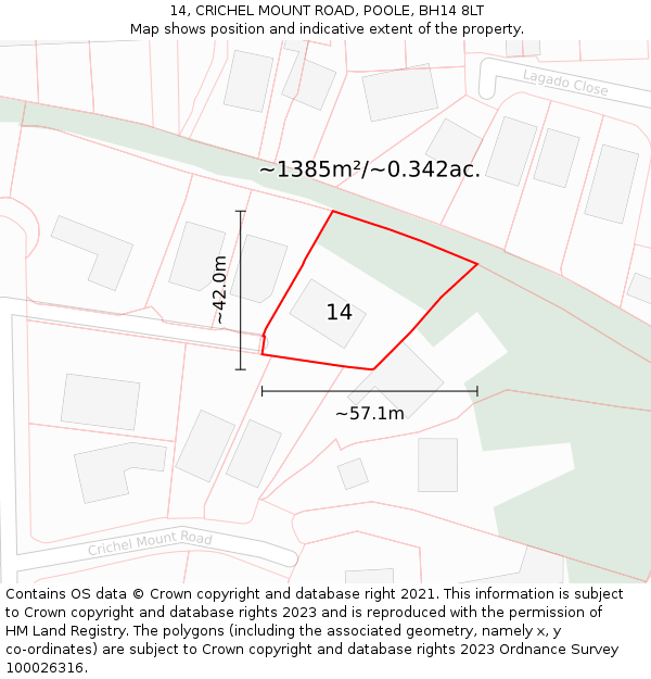 14, CRICHEL MOUNT ROAD, POOLE, BH14 8LT: Plot and title map