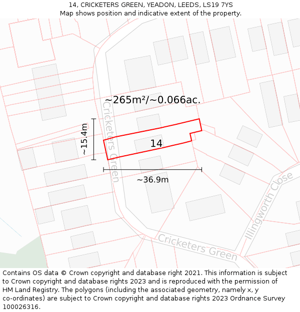 14, CRICKETERS GREEN, YEADON, LEEDS, LS19 7YS: Plot and title map