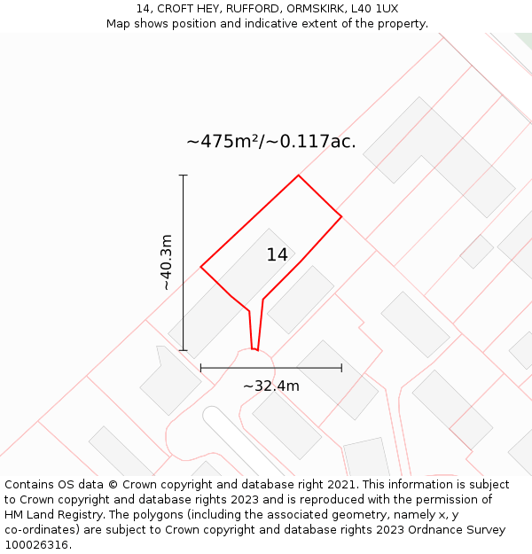 14, CROFT HEY, RUFFORD, ORMSKIRK, L40 1UX: Plot and title map
