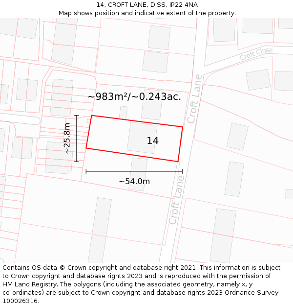 14, CROFT LANE, DISS, IP22 4NA: Plot and title map