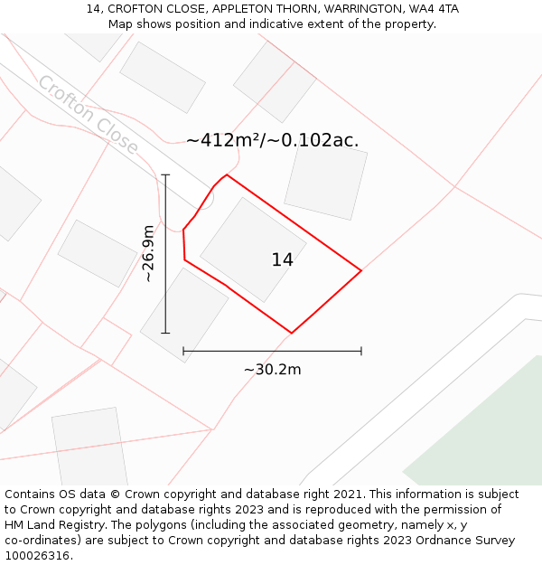 14, CROFTON CLOSE, APPLETON THORN, WARRINGTON, WA4 4TA: Plot and title map