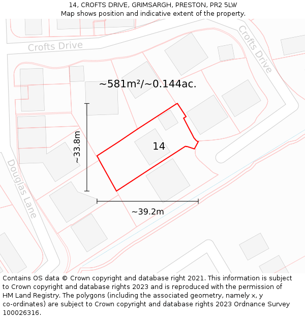 14, CROFTS DRIVE, GRIMSARGH, PRESTON, PR2 5LW: Plot and title map