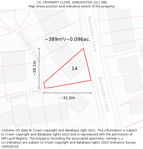 14, CROMARTY CLOSE, DARLINGTON, DL1 3RE: Plot and title map