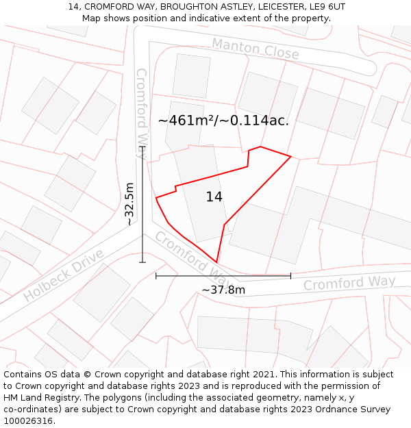 14, CROMFORD WAY, BROUGHTON ASTLEY, LEICESTER, LE9 6UT: Plot and title map