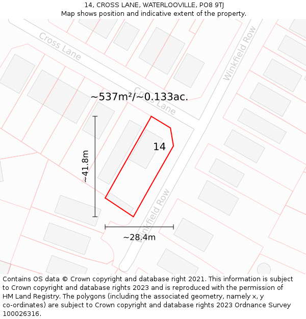 14, CROSS LANE, WATERLOOVILLE, PO8 9TJ: Plot and title map