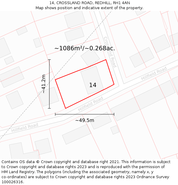 14, CROSSLAND ROAD, REDHILL, RH1 4AN: Plot and title map