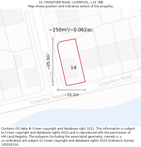 14, CROWTHER ROAD, LIVERPOOL, L14 7BB: Plot and title map