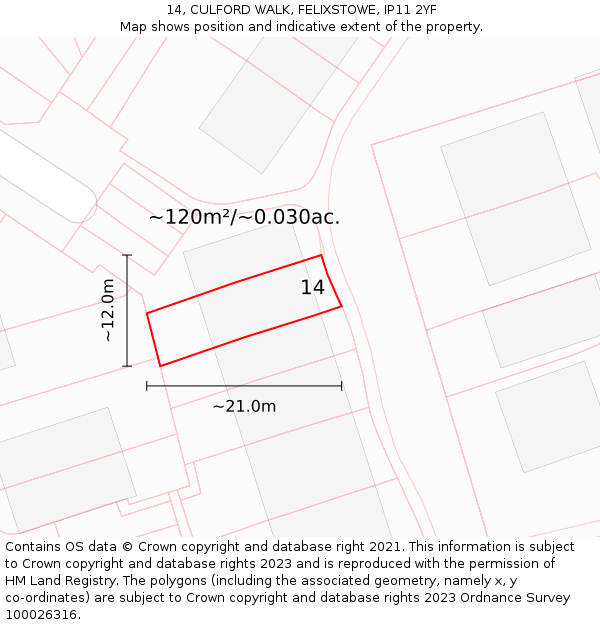 14, CULFORD WALK, FELIXSTOWE, IP11 2YF: Plot and title map