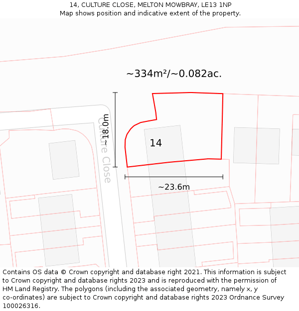 14, CULTURE CLOSE, MELTON MOWBRAY, LE13 1NP: Plot and title map