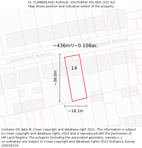 14, CUMBERLAND AVENUE, SOUTHEND-ON-SEA, SS2 4LF: Plot and title map