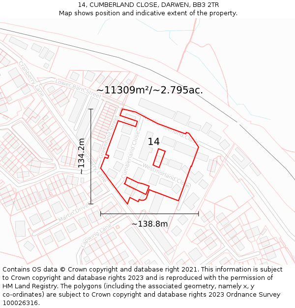 14, CUMBERLAND CLOSE, DARWEN, BB3 2TR: Plot and title map