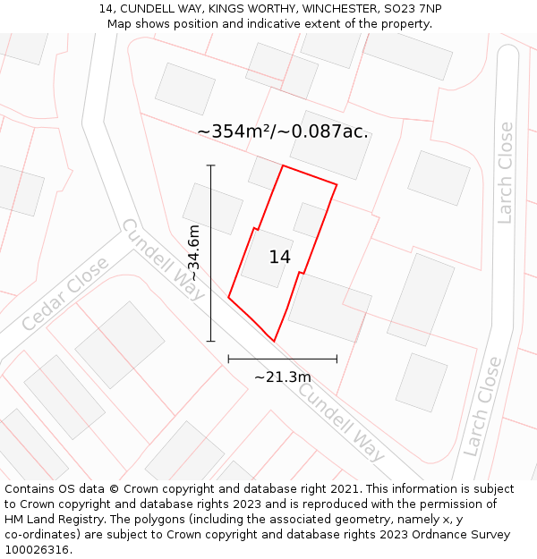14, CUNDELL WAY, KINGS WORTHY, WINCHESTER, SO23 7NP: Plot and title map