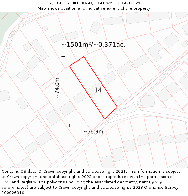 14, CURLEY HILL ROAD, LIGHTWATER, GU18 5YG: Plot and title map