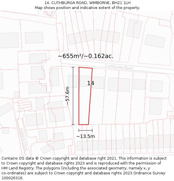 14, CUTHBURGA ROAD, WIMBORNE, BH21 1LH: Plot and title map