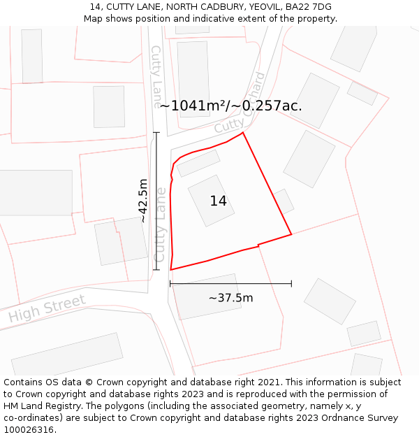 14, CUTTY LANE, NORTH CADBURY, YEOVIL, BA22 7DG: Plot and title map