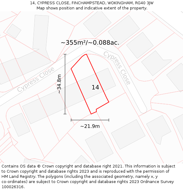 14, CYPRESS CLOSE, FINCHAMPSTEAD, WOKINGHAM, RG40 3JW: Plot and title map