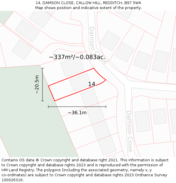 14, DAMSON CLOSE, CALLOW HILL, REDDITCH, B97 5WA: Plot and title map